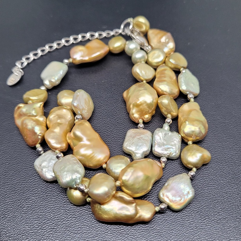 Necklace Baroque Freshwater Pearl 925 Gold Green Bronze Lobster Clasp Adjustable